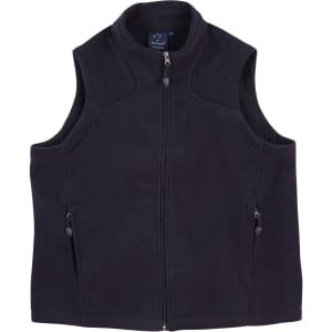 A navy blue fleece vest for kids featuring a zip front and side pockets, with a brand logo.