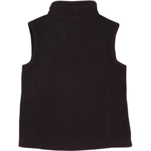 A black ladies' bonded polar fleece vest with a high collar and no sleeves, featuring a branding logo.