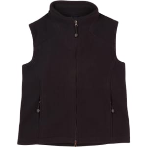 A black ladies' bonded polar fleece vest with a high collar and zip closure, featuring side pockets.
