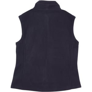 A navy blue ladies' bonded polar fleece vest with a high collar and no sleeves. It features a branding logo.
