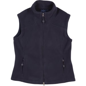 A navy ladies' bonded polar fleece vest with a zip front and side pockets, featuring a logo.
