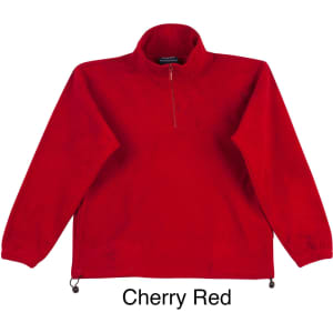 A cherry red pullover made of polar fleece for kids, featuring a half-zip design and a branded logo.