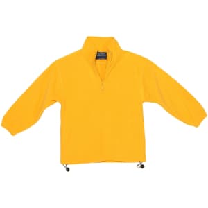 A yellow polar fleece pullover for kids with a zip neck and adjustable hem. Features a logo on the front.
