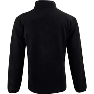 A black adult's half zip polar fleece pullover featuring long sleeves and a high collar, with a logo on the back.