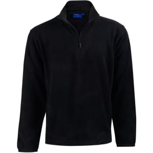 A black adult's half zip polar fleece pullover with long sleeves and a zippered neck, featuring a logo.