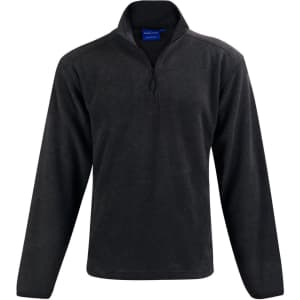 A black half zip polar fleece pullover with long sleeves and a collar, featuring a logo on the chest.