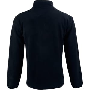 A black adult's half zip polar fleece pullover with long sleeves and a high collar, featuring a logo.