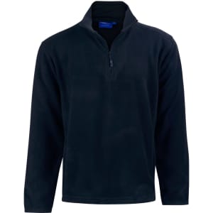 A black half zip polar fleece pullover with long sleeves and a front zip. It features a logo on the chest.