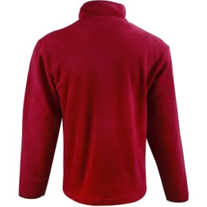 A red adult's half zip polar fleece pullover featuring a high collar and long sleeves, with a logo on the back.