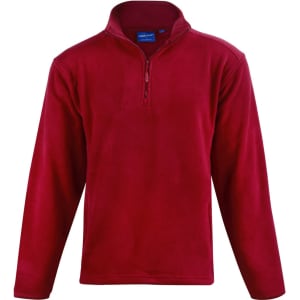 A red adult's half zip polar fleece pullover with long sleeves and a collar, featuring a logo.