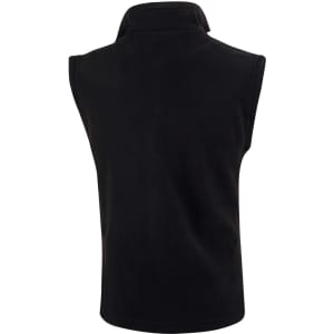 A black polar fleece vest with a high collar and no sleeves, featuring a logo on the back.