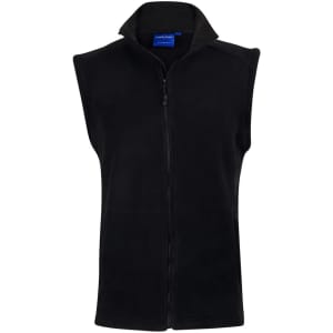 A black polar fleece vest with a zip front and a high collar, featuring a logo.