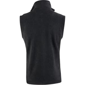 A black adult's polar fleece vest featuring a high collar and no sleeves, with a logo on the back.