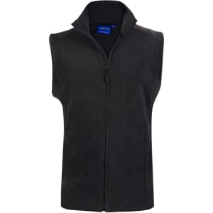 A grey adult's polar fleece vest with a high collar and front zip, featuring a logo.