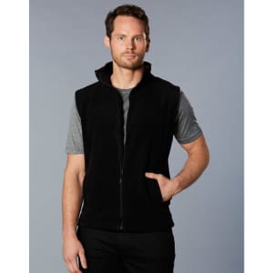 A black polar fleece vest with a high collar, featuring a front zip and side pockets, worn by a male model.