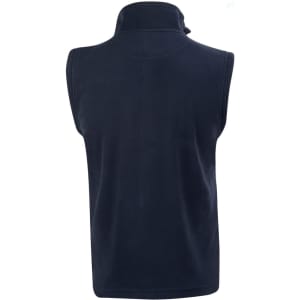 A navy blue adult's polar fleece vest featuring a high collar and sleeveless design. Includes a logo on the back.