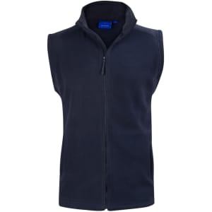 A navy polar fleece vest with a high collar and a front zip, featuring no sleeves and a logo on the chest area.