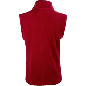 A red adult's polar fleece vest with a high collar, featuring an understated design and no sleeves.