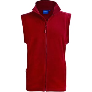 A red polar fleece vest with a zip front and a collar, featuring side pockets and a logo.