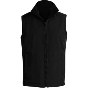 A black unisex reversible vest with a high collar and front zip closure. It features a logo on the design.