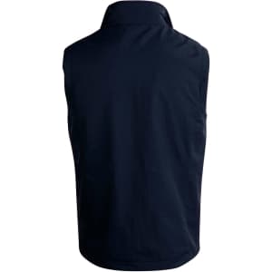 A unisex reversible vest in navy blue with a collared neck and no visible design on the back. It features a logo.