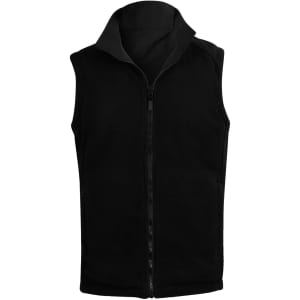 A black unisex reversible vest featuring a high collar and a full front zipper, with a logo on the side.