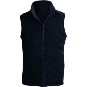 A unisex reversible vest in navy blue with a zip front and a collar. The design features no sleeves.