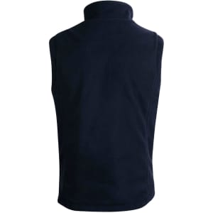 A navy unisex reversible vest with a high collar and no sleeves, featuring a logo.