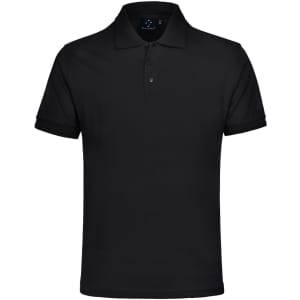 A black unisex polo shirt with a collar and short sleeves, featuring a logo on the upper portion.