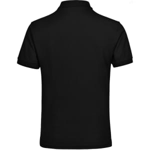 A black unisex polo shirt with a classic collar and short sleeves, featuring a branding logo.