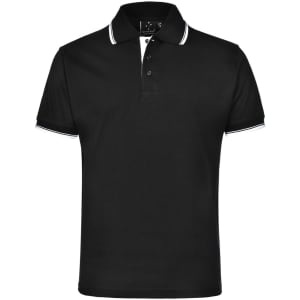 A black unisex polo shirt with contrasting white stripes on the collar and sleeves, featuring a logo on the front.