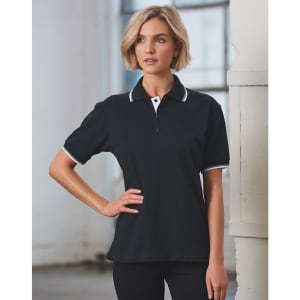 A black unisex polo shirt with white accents and a collar, featuring a logo on the chest.