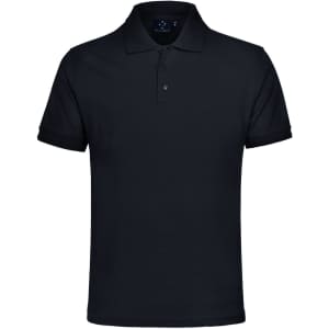 A black unisex polo shirt with a collar and short sleeves, featuring a logo on the upper left.