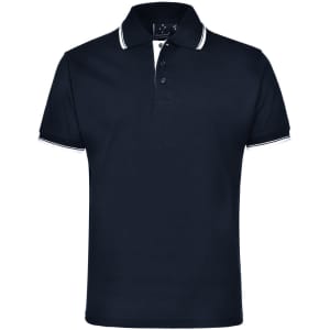 A black unisex polo shirt featuring contrast trim on the collar and sleeves, with a logo on the chest.