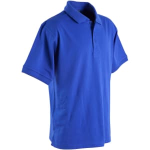 A unisex polo shirt in bright blue, featuring a collar and three button placket, with a logo on it.