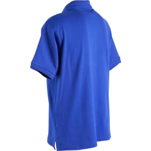 A unisex polo shirt in bright blue, featuring short sleeves and a collar, with branding on the chest.