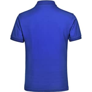 A blue unisex polo shirt featuring a classic collar and short sleeves, with a logo present.