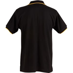 A black polo shirt with a yellow trim on the collar and sleeves, featuring a logo on the front.