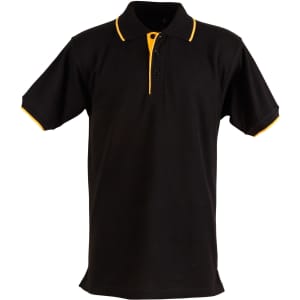 A black polo shirt with short sleeves and yellow accents on the collar and sleeves. It features a logo on the chest.