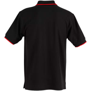 A black polo shirt with red detailing, featuring a collar and short sleeves. It has a branding logo.