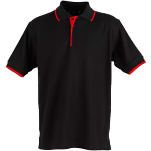 A black polo shirt with red accents on the collar and sleeves, featuring a logo.