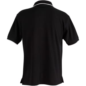 A black men's polo shirt with a contrasting collar and a logo on the back.