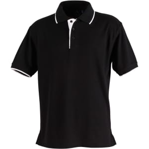 A black polo shirt with a contrasting white collar and sleeve cuffs, featuring a logo on the chest.