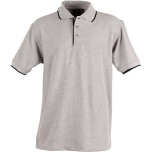 A light grey men's polo shirt with a black collar and black detailing. The shirt features a logo on the chest.