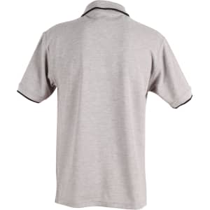 A grey polo shirt with a black collar and trim, featuring a logo on the back.