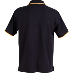 A black polo shirt featuring a yellow trim and a logo on the chest area, viewed from the back.