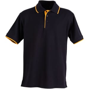 A black polo shirt with orange collar and sleeve accents. It features a branded logo.
