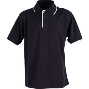A men's polo shirt in navy blue with contrasting white trim and a standard collar. It features a logo on the chest.