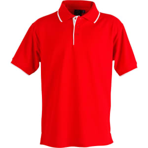 A red polo shirt with a collar, featuring white detailing and a subtle logo. Short sleeves and buttons at the neck.
