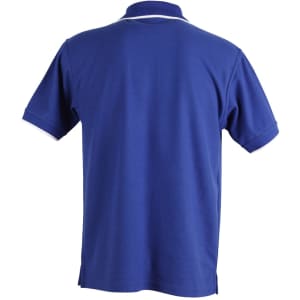 A blue men's polo shirt featuring short sleeves and a white collar detail, with a logo on the front.